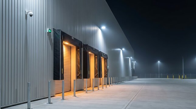 Modern industrial warehouse loading dock doors illuminated at night with security camera mounted on corrugated metal wall.