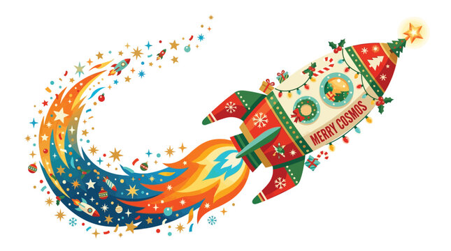 Christmas rocket ship vector illustration, festive spaceship with Merry Cosmos text, holiday space shuttle with ornaments and starry exhaust trail