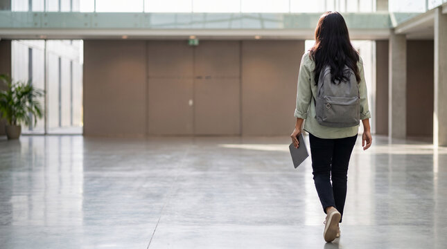 Rear View of Female Student with Backpack and Digital Tablet Walking Alone in Modern Campus Hallway, Concept of Higher Education, New Semester, Back to School, and Future Career