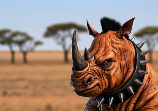 Portrait d'un rhinoc&eacute;ros dans la savane en col&egrave;re, le visage intimidant, portant des anneaux dans les narines et un collier en cuir avec des pointes en m&eacute;talliques, image avec espace pour texte.