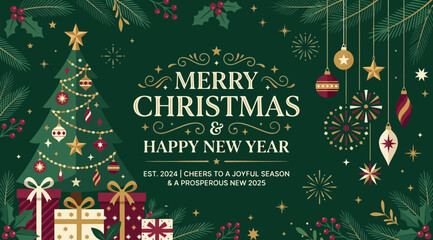 Festive christmas and new year greeting card with decorated tree, gifts, ornaments, pine branches, and merry christmas happy new year 2025 text © Saharia