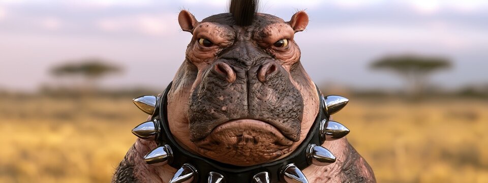 Un hippopotame grincheux dans la savane africaine dans un style punk rebelle avec cr&ecirc;te, bijoux et accessoires, repr&eacute;sent&eacute; en gros plan, vue de face et panoramique, image avec espace pour texte.