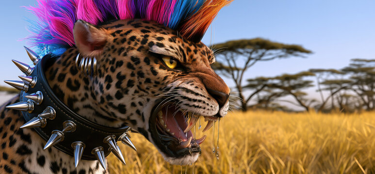 Portrait d'un gu&eacute;pard au style punk agressif avec une cr&ecirc;te iroquoise multicolore, des boucles d'oreilles et un collier en cuir avec pointes m&eacute;talliques, vue de profil, image avec espace pour texte.