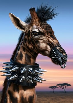 Portrait en gros plan d'une girafe au style punk rebelle avec une cr&ecirc;te iroquoise, un anneau dans la cloison nasale et un collier en cuir avec pointes m&eacute;talliques, vue de profil.