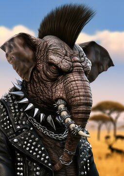 Un &eacute;l&eacute;phant au regard s&eacute;rieux, style punk rebelle, dans la savane africaine arborant une cr&ecirc;te iroquoise, un collier et un blouson en cuir avec pointes en m&eacute;tal, vue de profil.