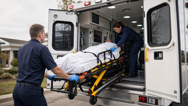Paramedics loading patient on ambulance stretcher into emergency vehicle, urgent medical transport, emergency response, rescue and prehospital healthcare