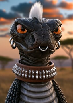 Portrait d'un cobra cracheur noir dans la savane africaine arborant une cr&ecirc;te iroquoise, regard envoutant, portant piercing et collier en cuir avec pointes en m&eacute;tal, vue de l&eacute;ger profil.