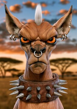 Portrait d'un impala dans la savane africaine arborant une cr&ecirc;te iroquoise, expression s&eacute;rieuse, un anneau &agrave; la cloison nasale, des boucles d'oreilles et un collier en cuir avec pointes en m&eacute;tal.