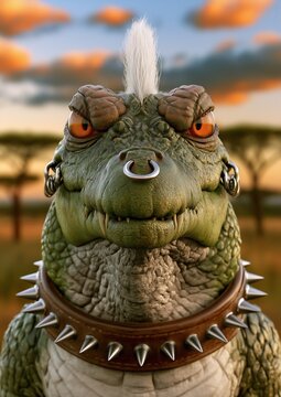 Portrait d'un crocodile dans la savane africaine arborant une cr&ecirc;te iroquoise, expression s&eacute;rieuse, un anneau &agrave; la cloison nasale, des boucles d'oreilles et un collier en cuir avec pointes en m&eacute;tal.
