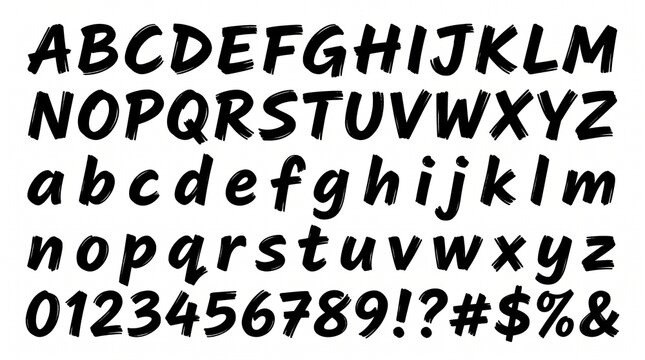Expressive handwritten brush script font showcasing the complete alphabet, numbers, and symbols for modern graphic design projects