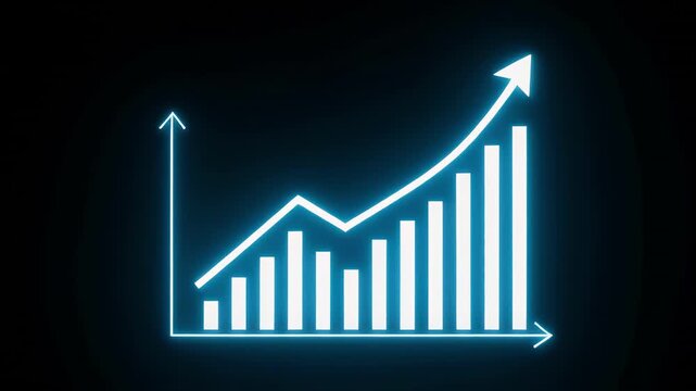 Neon blue bar graph rising with upward arrow in dark background showing financial growth concept