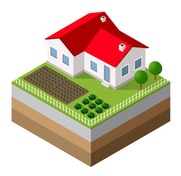 Isometric house with red roof and garden
