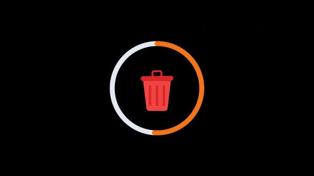 Animated trash bin delete loading progress icon on 4k transparent background alpha channel