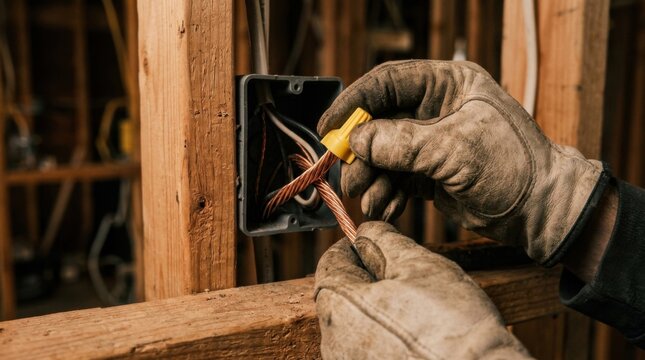 Electrician's hands twisting a wire nut onto stripped copper wires inside a residential junction box with insulated pliers nearby.