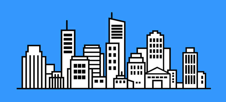 City skyline illustration with buildings against blue background
