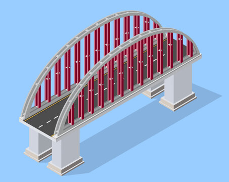Isometric arch bridge structure spanning roadway infrastructure