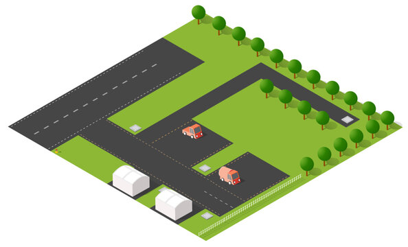 Isometric parking lot with cars and trees
