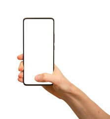 Obraz premium Smartphone in hand thumb tapping mockup isolated on white background. Mobile cell phone blank screen