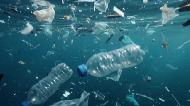 Ocean Pollution: Plastic bottles and debris float in the deep blue sea, a stark reminder of the environmental crisis facing our planet. The underwater world is choked with waste.