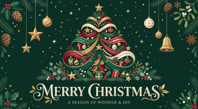 Vintage christmas tree greeting card with pine branches, ornaments, stars, and the text merry christmas on a dark green background