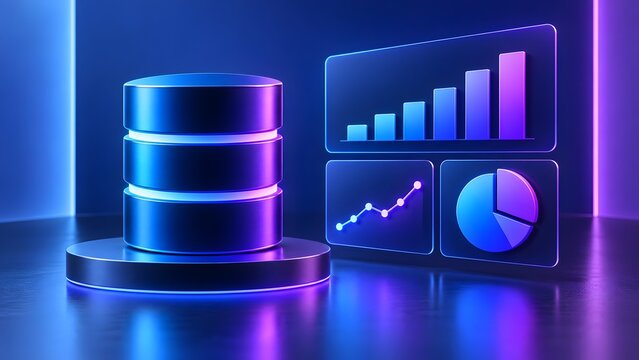 Glowing database storage cylinder next to floating financial charts representing digital analytics and data analysis