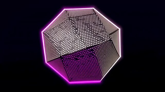 Icosahedron geometric shape evolving with glowing purple light and internal nebula