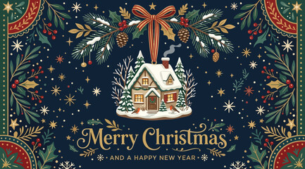 Merry christmas and a happy new year greeting card with snowcovered house and fir branches illustration © Saharia
