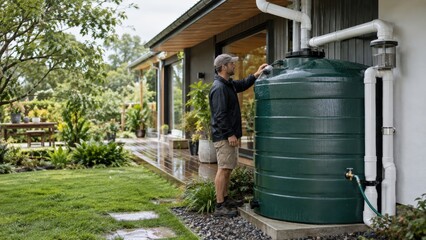 Obraz premium Homeowner checking rainwater tank beside modern house