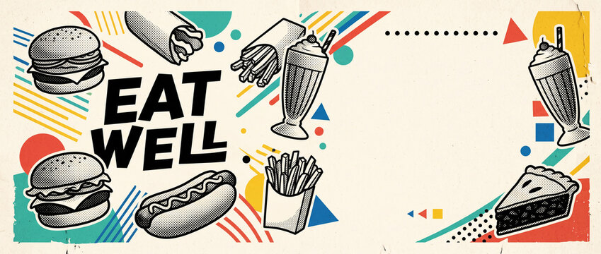 Retro vintage style fast food banner with burgers hot dogs fries milkshakes and pie illustrations on geometric colorful background ideal for restaurant menus and digital marketing ads with copyspace