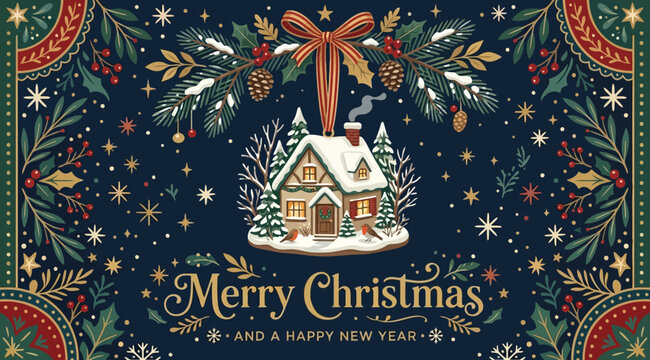 Merry christmas and a happy new year greeting card with snowcovered house and fir branches illustration