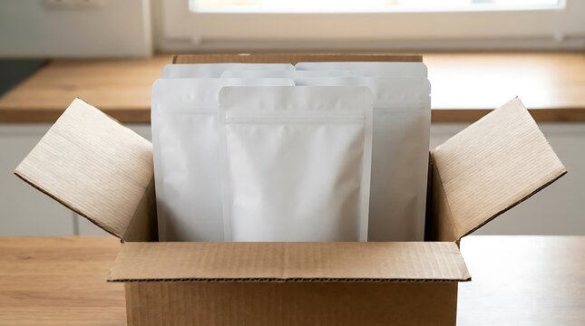 White coffee pouches in opened packaging cardboard box mockup for product presentation