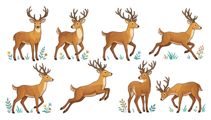 Obraz premium Cute Hand Drawn Deer Collection with Majestic Antlered Bucks in Standing, Walking and Running Poses for Wildlife and Nature Designs