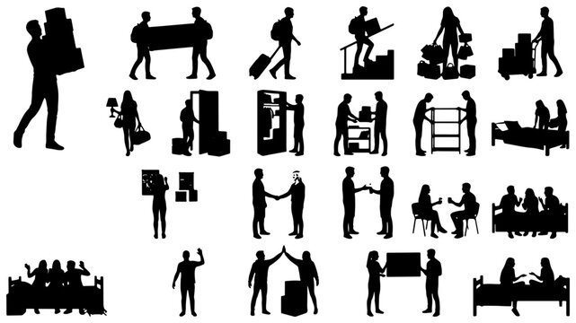 Moving service silhouettes vector set, people carrying boxes and relocation icons, movers carrying furniture and luggage for logistics banner design