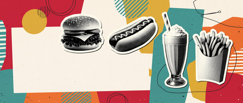 Retro restaurant menu banner with burger hot dog milkshake and fries on geometric abstract pattern for website header and social media marketing in vintage pop art collage style with copyspace