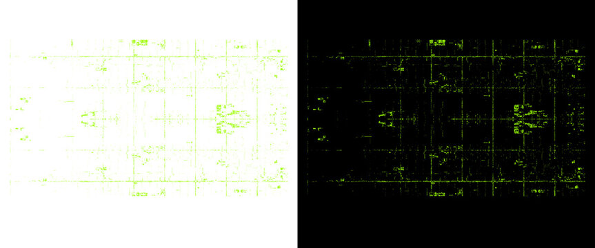Cyberpunk digital circuit board pattern, neon green tech interface elements, futuristic computer data grid on black and white backgrounds