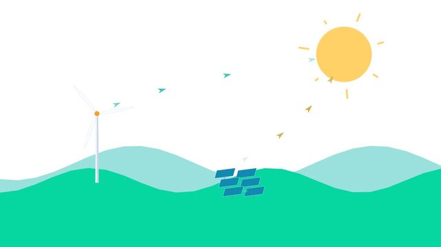 Renewable Energy Motion Graphic &mdash; Solar Panel, Wind Turbine, Sun and Clean Energy Arrows
