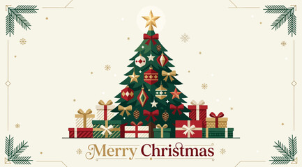 Minimalist merry christmas greeting card with a decorated pine tree and gift boxes © Saharia