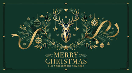 Elegant merry christmas and a prosperous new year greeting card featuring a golden deer head silhouette surrounded by pine branches, ornaments, and ribbons on a dark green background © Saharia