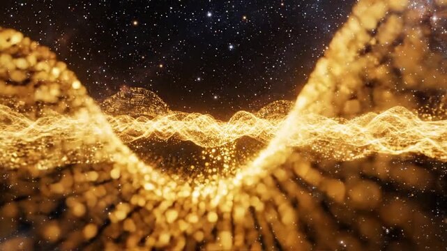 Abstract golden particle waves flowing in starry space