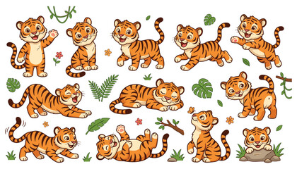 Obraz premium Cute Hand Drawn Tiger Character Collection with Playful Cubs in Running, Sitting, Sleeping and Jumping Poses for Wildlife Designs