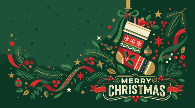 Decorative christmas stocking with ornaments and pine branches on a dark green background, merry christmas greeting