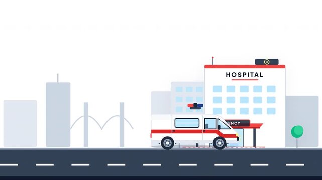 Flat vector ambulance driving past hospital building on white background city medical loop