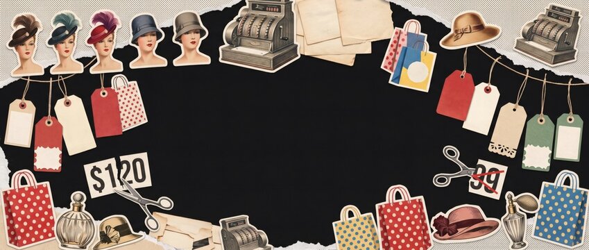 Collage of discount labels, red retail price tags and mannequins on dark backdrop. Commercial marketing campaigns promote special seasonal bargain offers. Black Friday shopping. Wide ba...