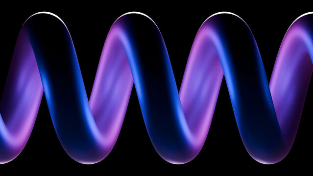 3D abstract purple and blue spiral spring shape isolated on black background. Ideal for technology presentations, scientific concepts, digital art design, banner headers, and wallpaper