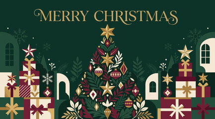 Obraz premium Merry christmas greeting card design with a decorated pine tree, gift boxes, and festive ornaments in a flat, stylized illustration style on a dark green background