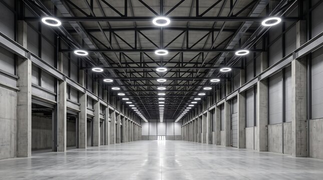 Empty industrial warehouse interior with modern lighting showcasing available commercial space for logistics use