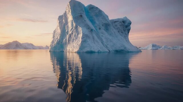 Majestic iceberg floating serenely in calm arctic ocean during golden hour sunset reflecting the sky