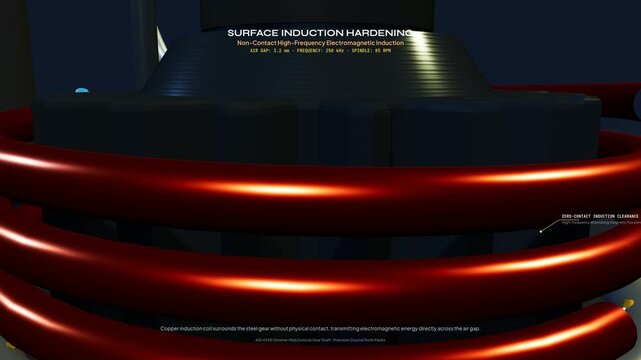 3D animation of surface induction hardening process showing high-frequency electromagnetic heating and high-pressure jet quench of a gear shaft for wear resistance and core toughness