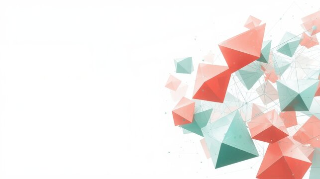Tetraedros de color coral y verde menta se conectan mediante l&iacute;neas de red radiantes sobre un fondo blanco con espacio para texto