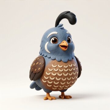 Adorable 3D cartoon blue quail bird smiling isolated on a light background.